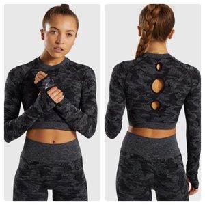 Camo Seamless Long Sleeve Crop Top - Black